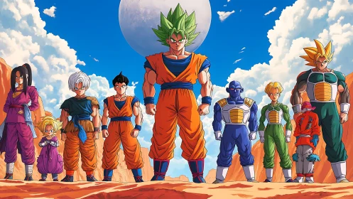 Brave anime heroes gather under a bold desert sky.