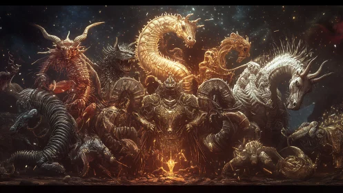 Digital painting tableau of armored dragons in celestial confrontation.