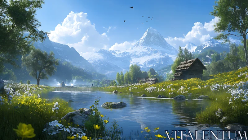 High-altitude river valley with snow peaks and rustic cabins rendered