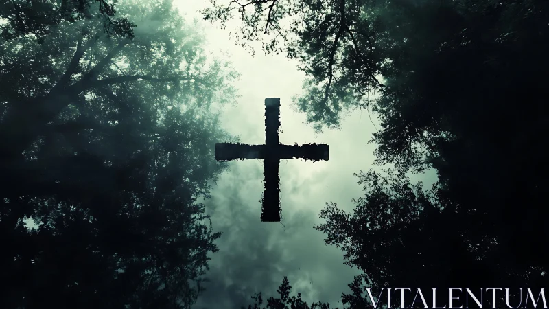 Cinematic cross silhouette framed by atmospheric forest canopy.