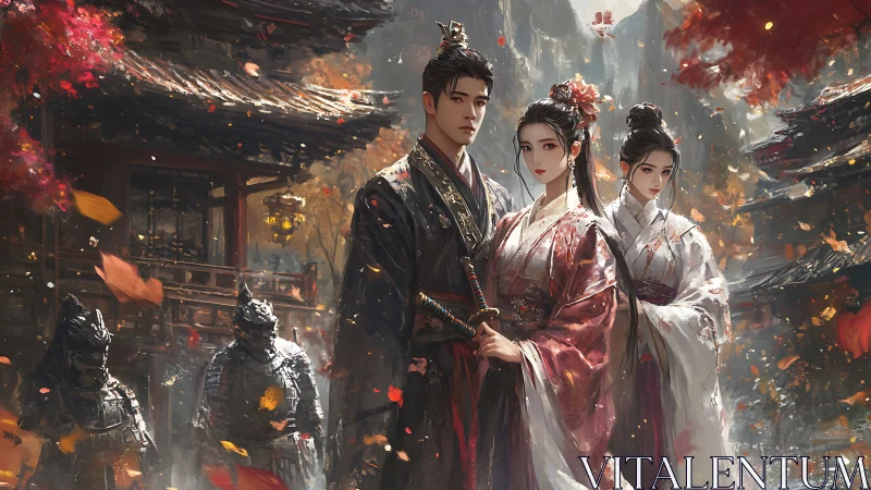 Autumn warriors and nobles stand united in a feudal courtyard