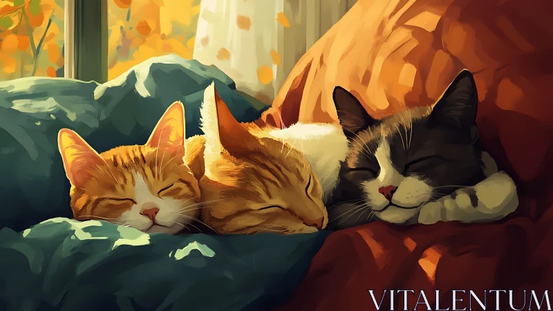 Two Cozy Cats Napping Together in Warm Autumn Light.