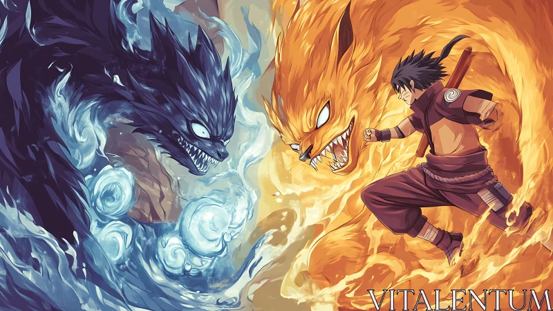Fiery ninja charges forward as twin elemental beasts clash