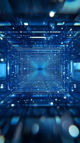 Endless blue data tunnel extends into luminous digital depth