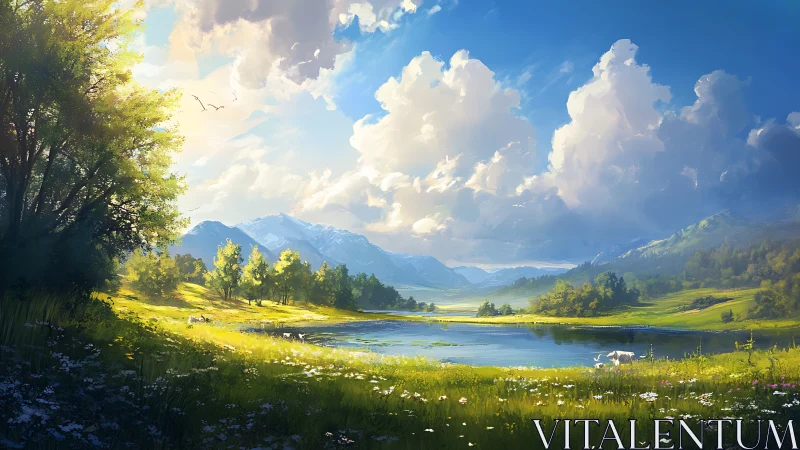 Mountain valley lake reflects clouds under strong daylight