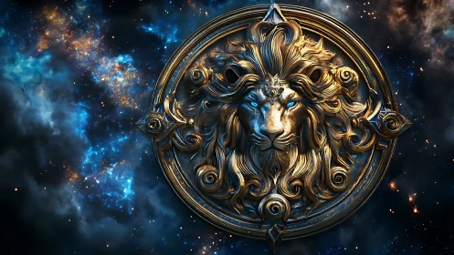 Celestial lion emblem with glowing eyes in cosmic void.