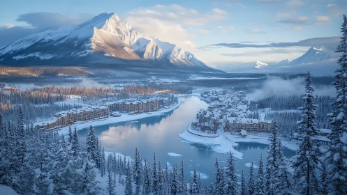 Snowy mountain village hugged by a winding frozen river.