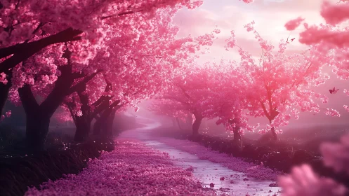 Blossom tunnel of rose-lit dreams along a petal river.
