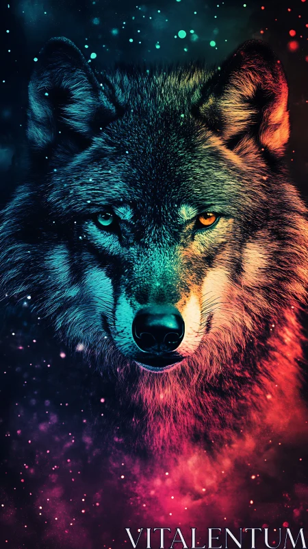 Cosmic colored wolf portrait with split neon lighting.