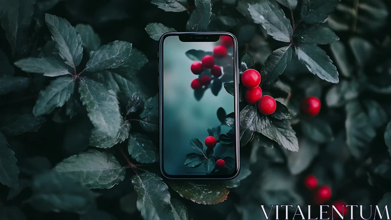 Smartphone screen mirrors vivid red berries in lush foliage.