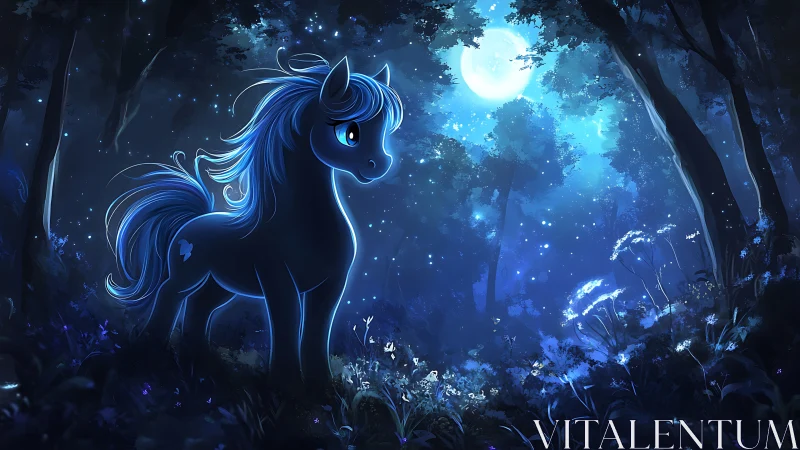 Gentle blue pony wandering through a dreamy moonlit forest.