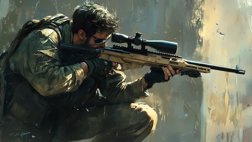Tactical Sniper in Camouflage with Scoped Rifle