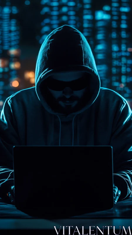 Hooded computer user operates laptop in low blue lighting
