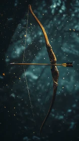 Ornate recurve bow with arrow suspended in ember-lit fog.