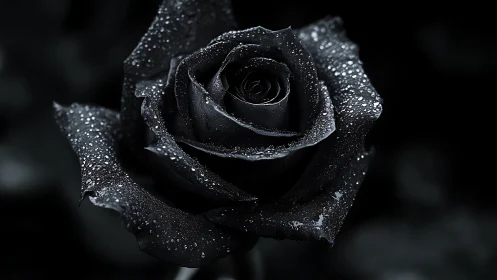 Midnight black rose glistening softly with silvery raindrops.