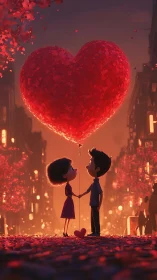 Silhouetted Couple Beneath Glowing Heart Balloon City