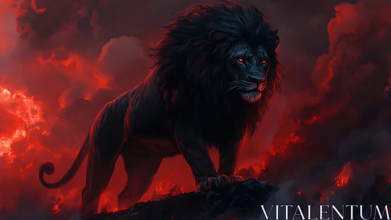 Dark lion stands against red illuminated smoke background