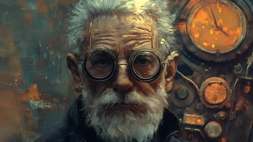 Steamwork sage before glowing clockwork console portrait.