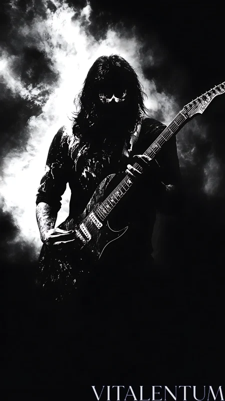 Silhouetted metal guitarist emerging from stormy light.