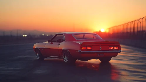 Photorealistic muscle car at sunset on industrial track.