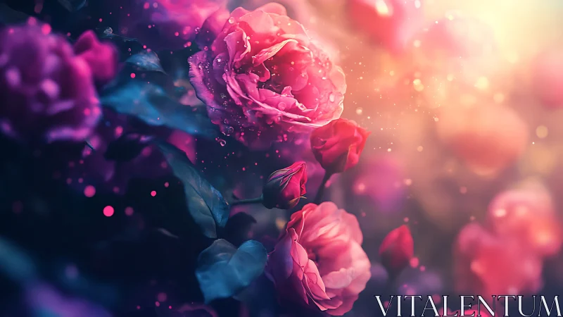 Digital floral rendering with layered roses exhibiting bokeh depth blur