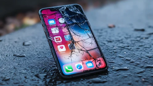 Cracked iPhone Display on Wet Surface