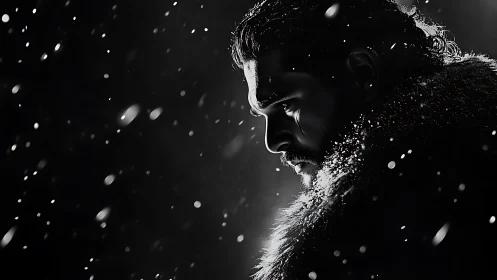 Monochrome profile of fur clad figure in falling snow.