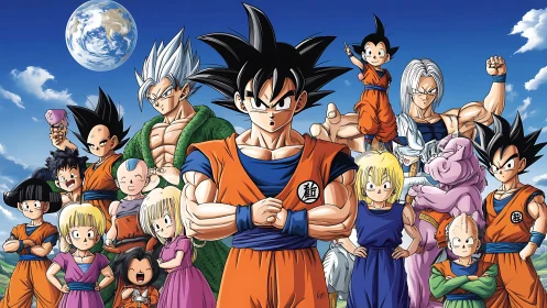 Anime hero ensemble posed under bright blue sky panorama.