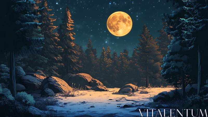 Golden Moon Rising Over Snowy Forest Wilderness