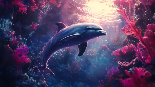 Gleaming dolphin waltz through neon coral dreamscape.