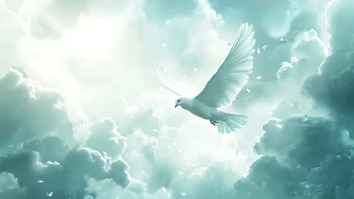 White dove soaring in bright teal sky among clouds.