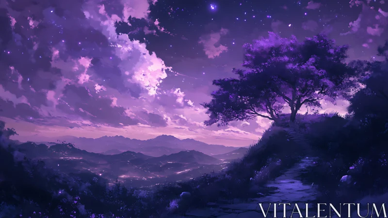 Violet twilight valley under luminous starfilled sky.