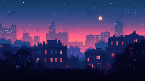 City skyline at dusk with glowing windows and full moon.