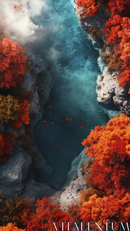 Vertical canyon pool with turquoise water and autumn foliage.