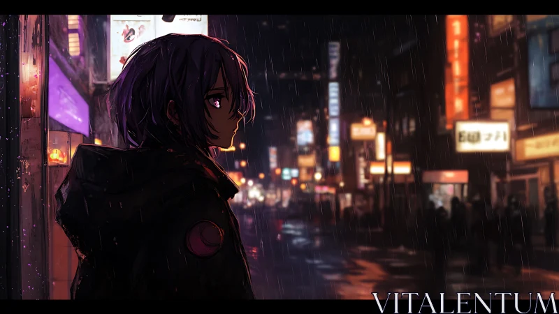 Rain-soaked drifter watches neon dreams bleed down streets.