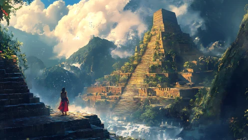 Misty jungle temple and lone traveler in glowing morning light.