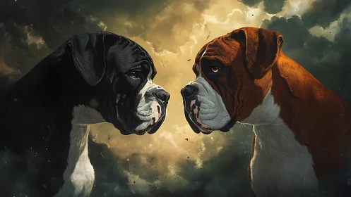 Boxer Dogs Portrait: Black and Brown Contrast Against Dramatic Sky