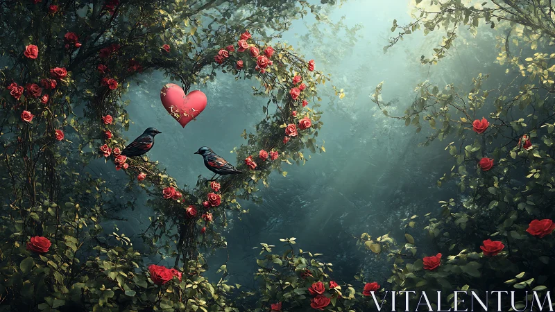 Enchanted Rose Garden Heart with Birds.