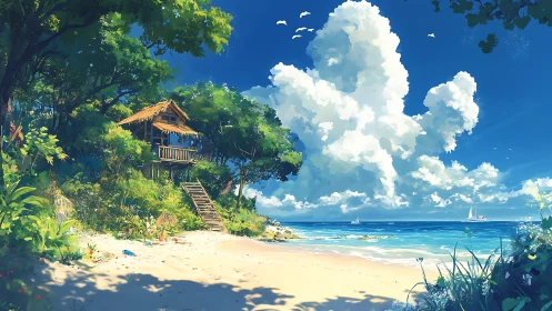 Elevated tropical structure positioned among dense vegetation on sandy beach.