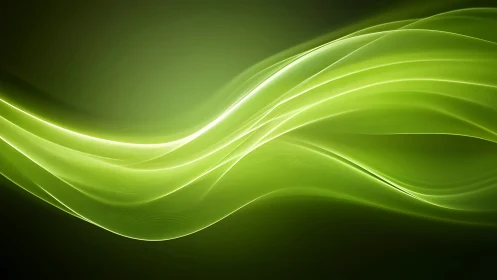 Green luminous wave ribbons curve across dark gradient field