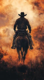 Lone cowboy rides into a burning sunset of dust and fire