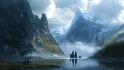 Epic glacial fjord with misted spires and distant voyagers.