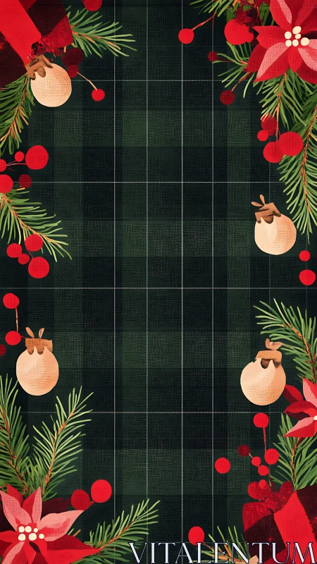 Christmas border on dark plaid background with ornaments.