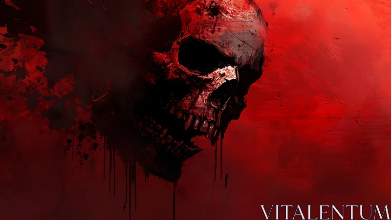 Blood-splattered skull emerges from shadow on vivid red field