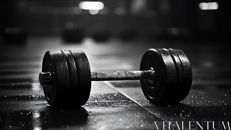 Metal dumbbell on wet gym floor under low key lighting.