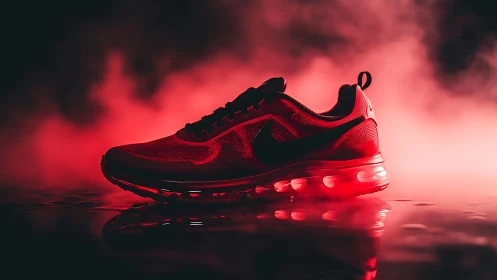 Red Nike running shoe in bold misty studio lighting.