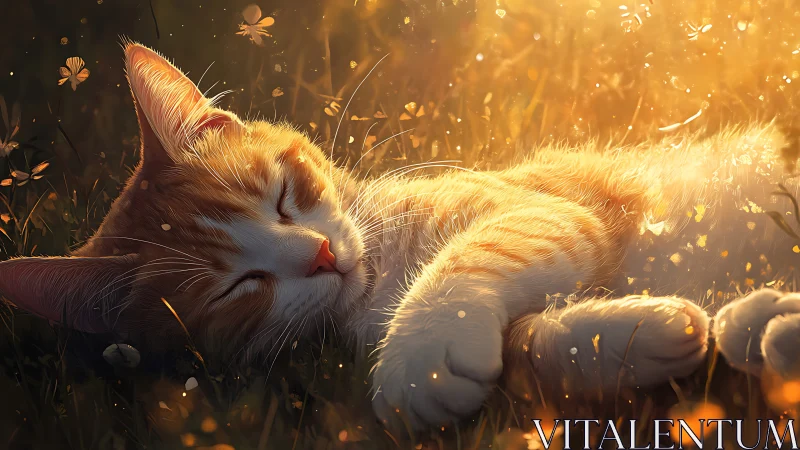 Peaceful ginger cat naps in a sunlit meadow of golden flowers