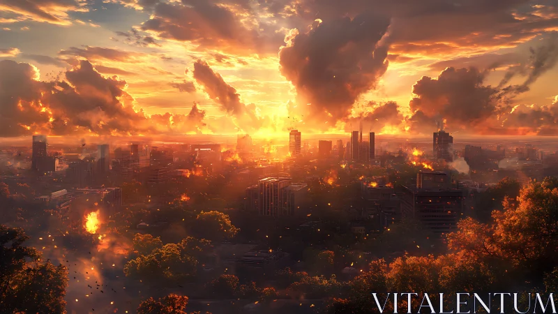 Burning futuristic city skyline glows under blazing sunset