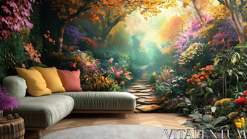 Immersive forest mural behind sofa in lush bloom.