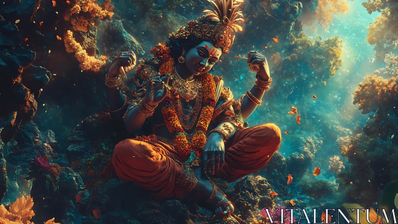 Divine blue deity meditates within glowing underwater cavern